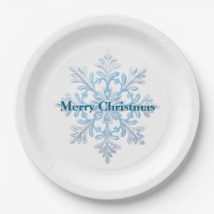 Teal Blue White Christmas Snowflake Paper Plate
