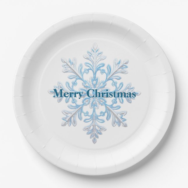 Teal Blue White Christmas Snowflake Paper Plate (Front)