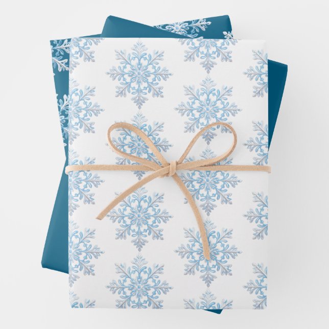 Teal Blue White Christmas Snowflake Wrapping Paper Sheet (In situ)