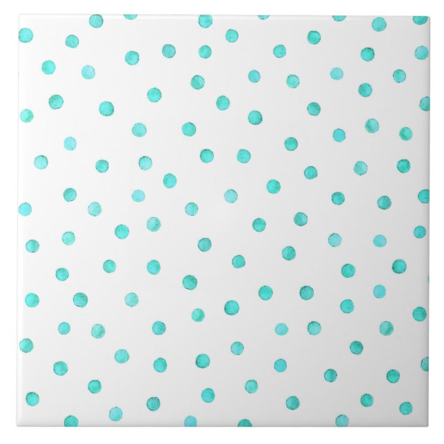 Teal Blue White Confetti Dots Pattern Ceramic Tile (Front)