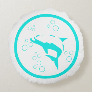 Teal blue white DOLPHIN bubbles nautical Round Cushion