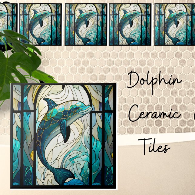 Teal Blue White Dolphin Faux Mosaic Stained Glass Ceramic Tile (Creator Uploaded)