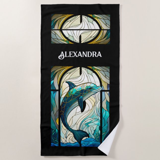 Teal Blue White Dolphin Look of Stained Glass Beach Towel (Front)