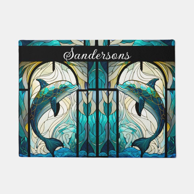Teal Blue White Dolphin Look of Stained Glass Doormat (Front)