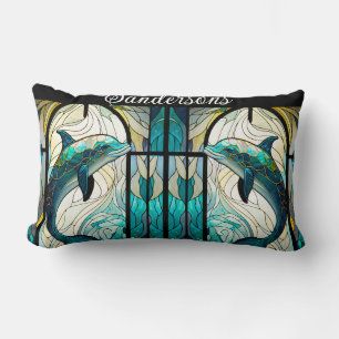 Teal Blue White Dolphin Look of Stained Glass Lumbar Cushion