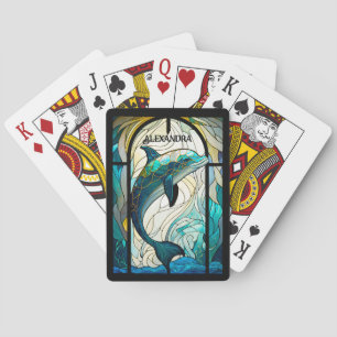 Teal Blue White Dolphin Look of Stained Glass Playing Cards