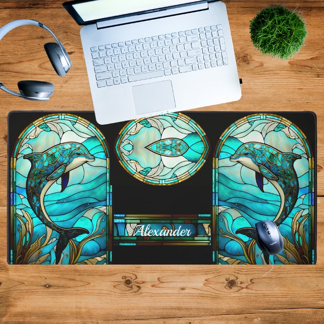 Teal Blue White Dolphin Stain Glass look Desk Mat (Creator Uploaded)