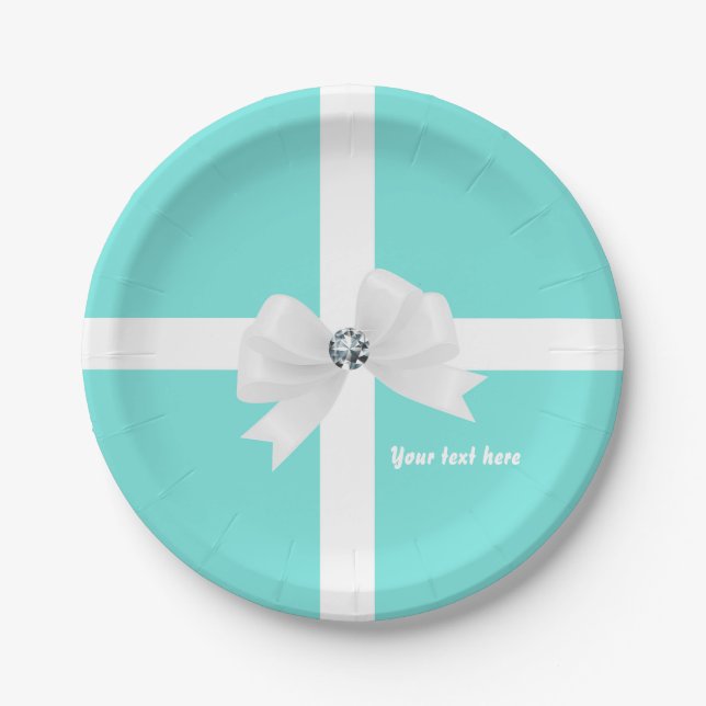 Teal Blue & White Elegant Glam Diamond Bow Paper Plate (Front)