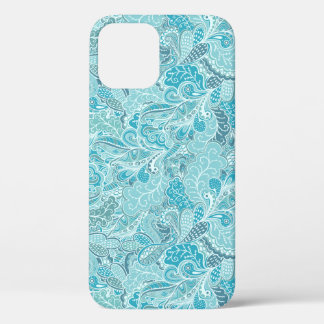 Teal Blue White Elegant Paisley Pattern iPhone 12 Case