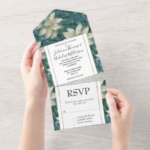 Teal Blue White Floral All In One Invitation