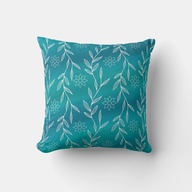 Teal Blue White Flowers Leaves Botanical Foliage  Cushion (Front)