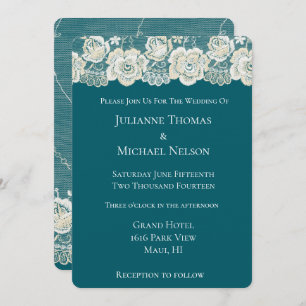 Teal Blue White Lace Floral Romantic Wedding Invitation