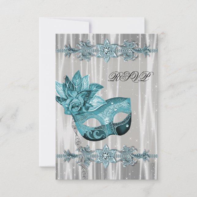 Teal Blue White Masquerade Party RSVP Card (Front)