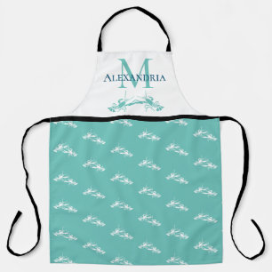 Teal Blue White Monogram Name Lobster Pattern  Apron