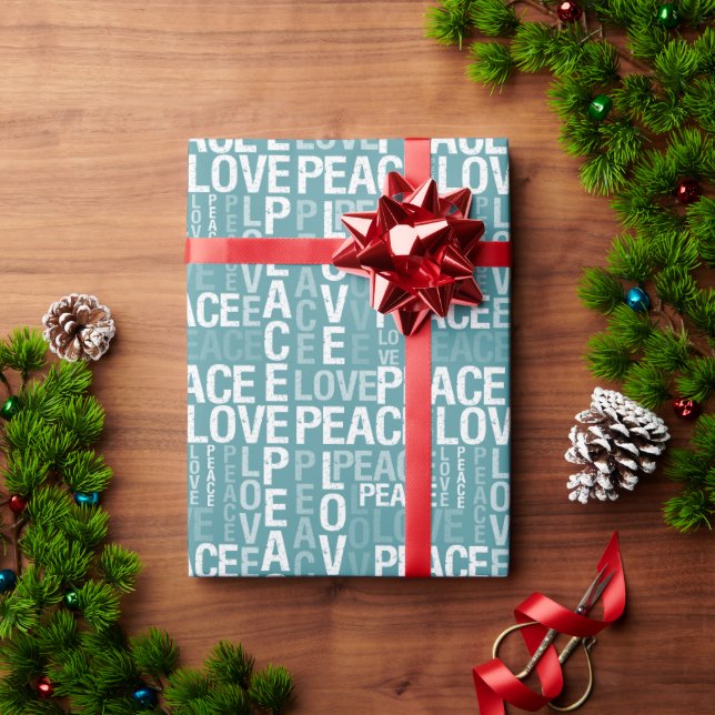 Teal Blue White Peace Love   Wrapping Paper (Holiday Gift)