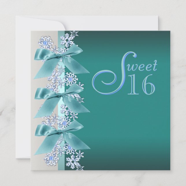 Teal Blue White Snowflake Sweet Sixteen Birthday Invitation (Front)