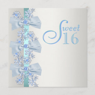 Teal Blue White Snowflake Sweet Sixteen Birthday Invitation