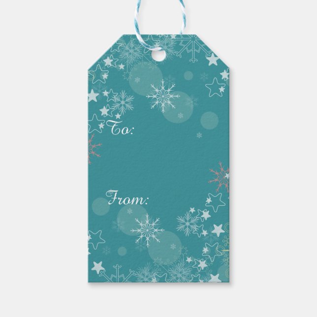 Teal Blue White Snowflakes Gift Tags (Front)