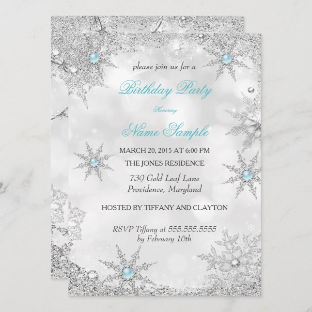 Teal Blue Winter Wonderland Birthday Party Invitation (Front/Back)