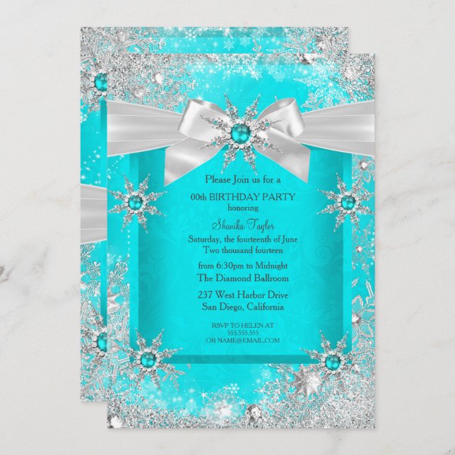Teal Blue Winter Wonderland Snowflake Silver Bow 2 Invitation (Front/Back)