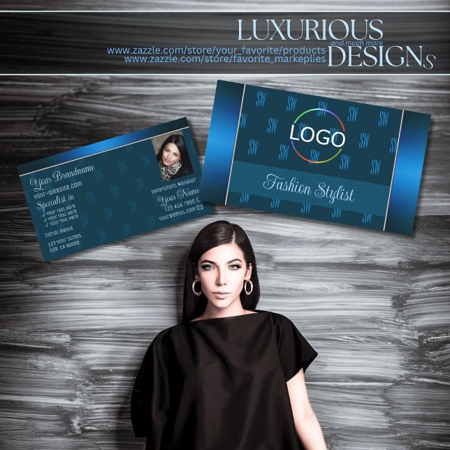 Teal Blue with Logo Photo and Monogram Pattern Business Card (Creator Uploaded)