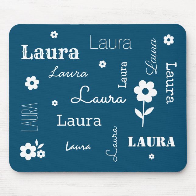 Teal Blue with White Flowers, Customised Mouse Pad (Front)