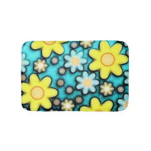 Teal Blue & Yellow Floral Girly Pattern Bath Mat