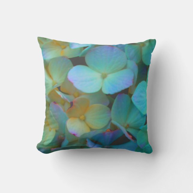 Teal blue yellow pink hydrangeas flowers floral cushion (Front)