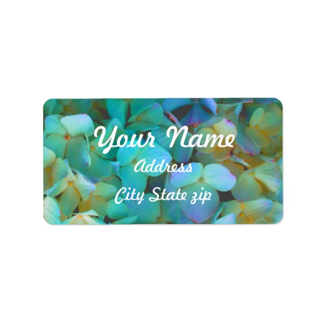 Teal blue yellow pink hydrangeas flowers floral label (Front)