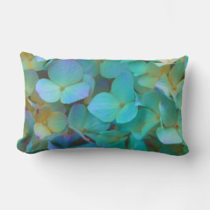 Teal blue yellow pink hydrangeas flowers floral lumbar cushion