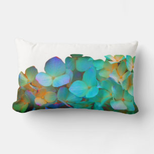 Teal blue yellow pink hydrangeas flowers floral lumbar cushion