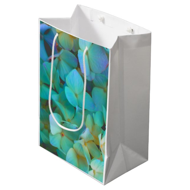 Teal blue yellow pink hydrangeas flowers floral medium gift bag (Front Angled)