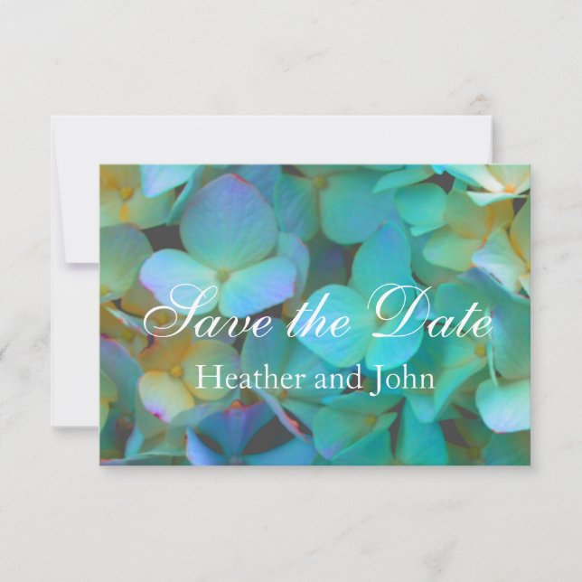 Teal blue yellow pink hydrangeas flowers floral save the date (Front)