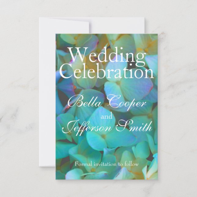 Teal blue yellow pink hydrangeas flowers floral save the date (Front)