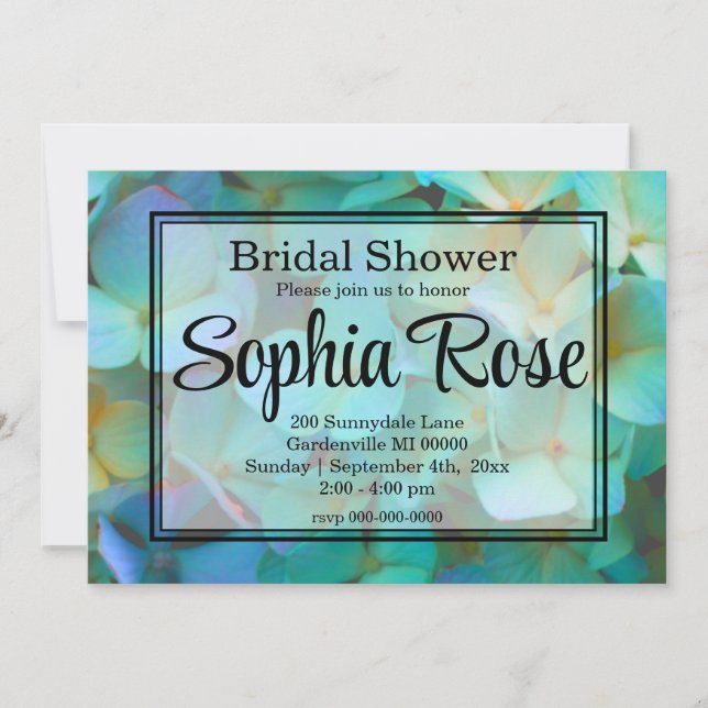 Teal blue yellow pink hydrangeas flowers invitation (Front)
