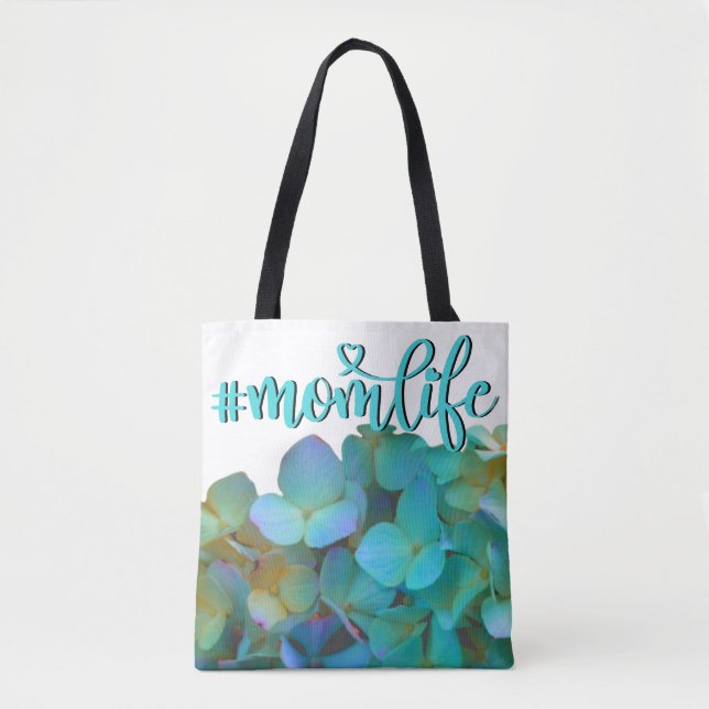 Teal blue yellow pink hydrangeas flowers momlife tote bag (Front)