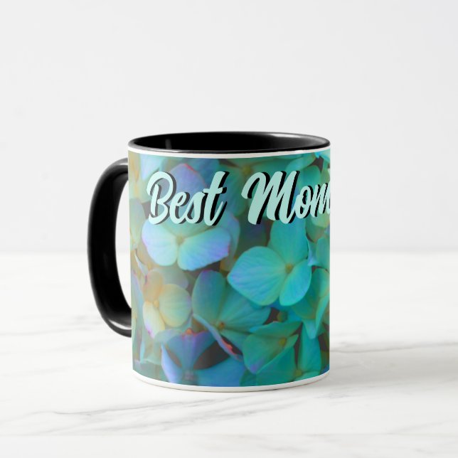 Teal blue yellow pink hydrangeas flowers mum mug (Front Left)