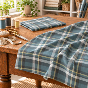 Teal Blue Yellow White Grey Tartan Square Pattern Fabric