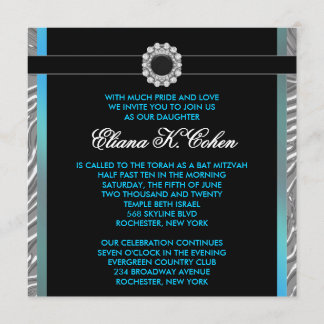 Teal Blue Zebra Bat Mitzvah Invitation