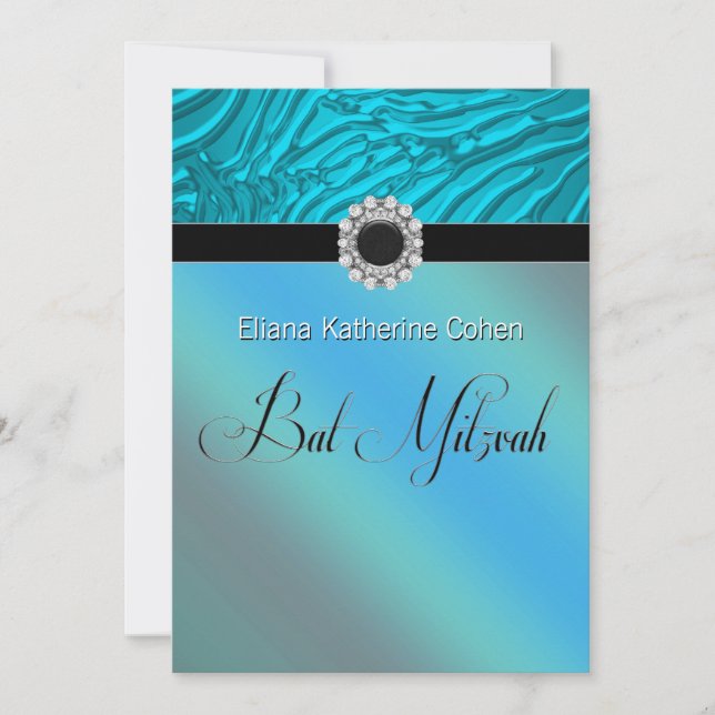 Teal Blue Zebra Bat Mitzvah Invitations (Front)