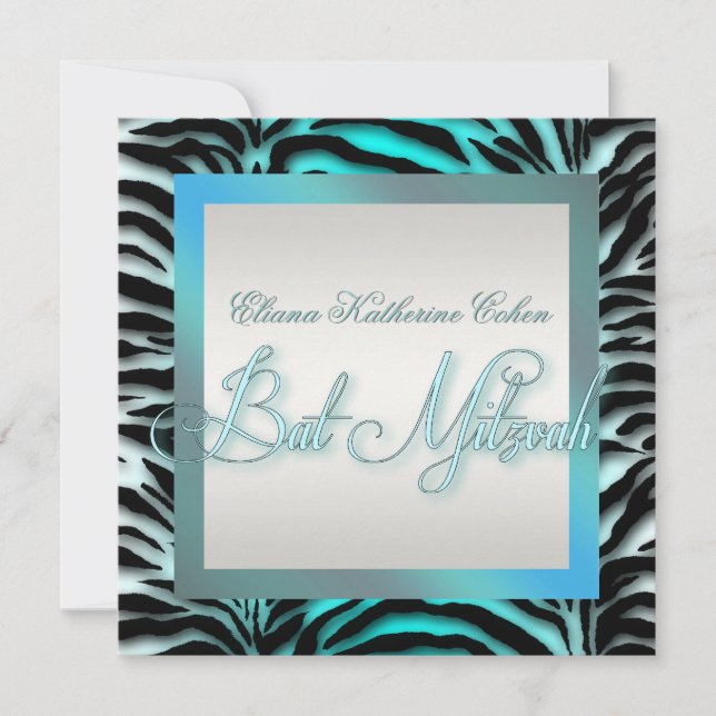 Teal Blue Zebra Bat Mitzvah Invitations (Front)