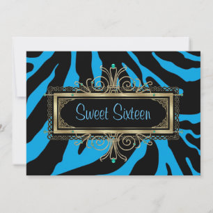Teal Blue Zebra Black Gold Sweet Sixteen Birthday Invitation