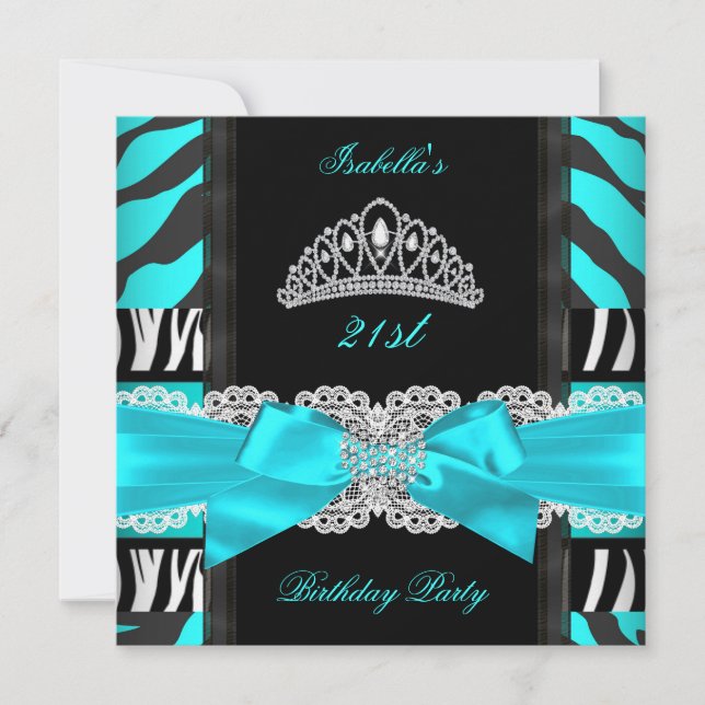 Teal Blue Zebra Black White Tiara Birthday Party 2 Invitation (Front)