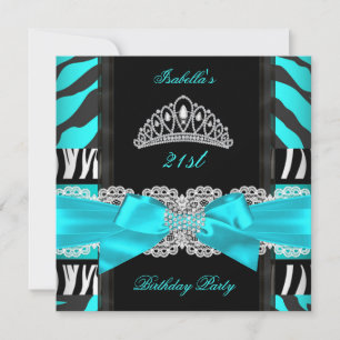 Teal Blue Zebra Black White Tiara Birthday Party 2 Invitation