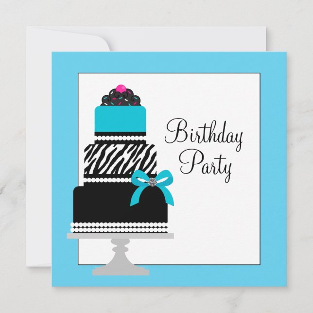 Teal Blue Zebra Cake Cupcake Birthday Party Invitation (Front)