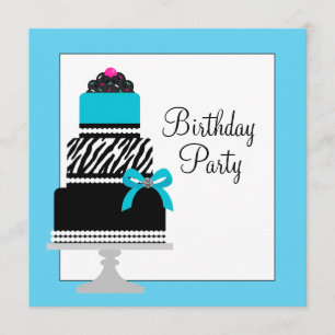 Teal Blue Zebra Cake Cupcake Birthday Party Invitation