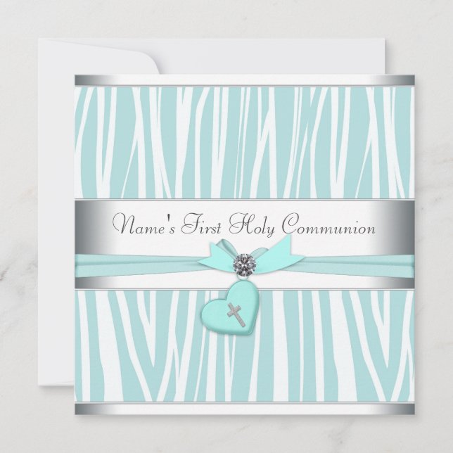 Teal Blue Zebra Cross First Communion Invitation (Front)