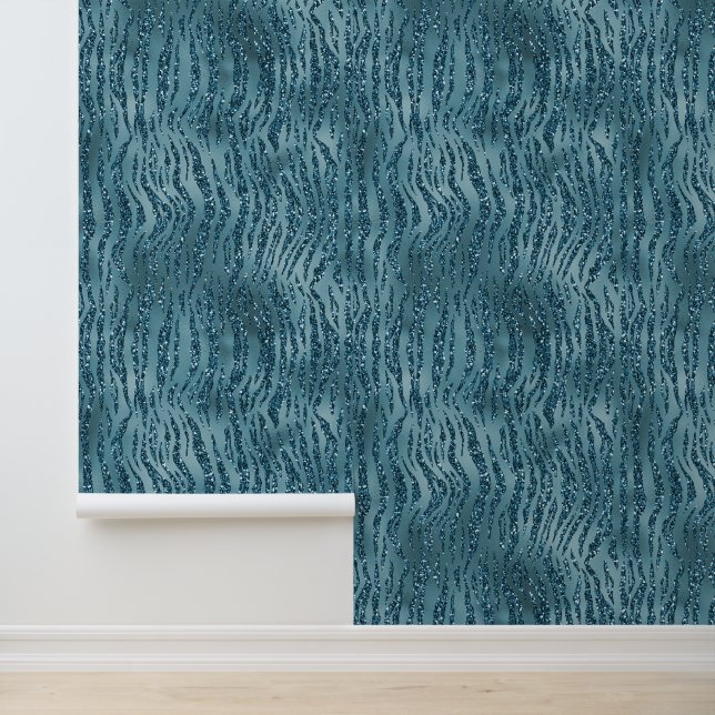 Teal Blue Zebra Glitter Wallpaper (Application)