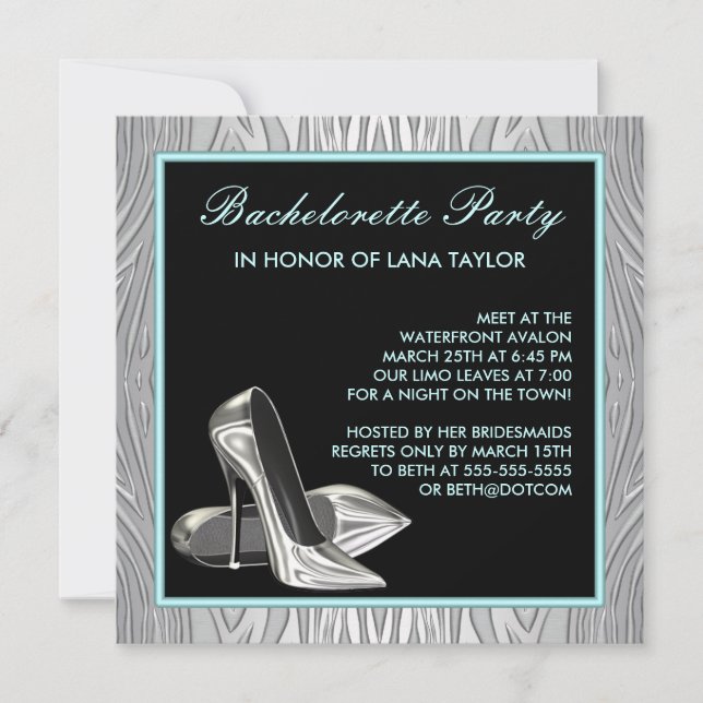 Teal Blue Zebra High Heels Bachelorette Party Invitation (Front)