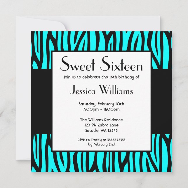 Teal Blue Zebra Modern Sweet 16 Birthday Party Invitation (Front)